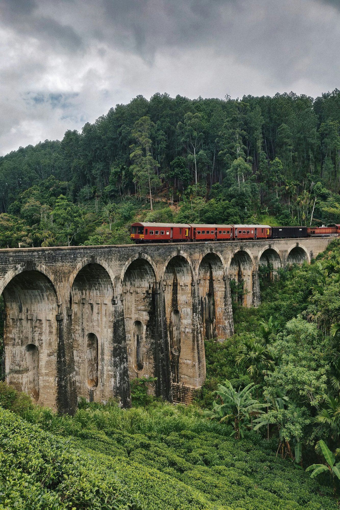 Blue train crossing a bridge in the forest near Ella